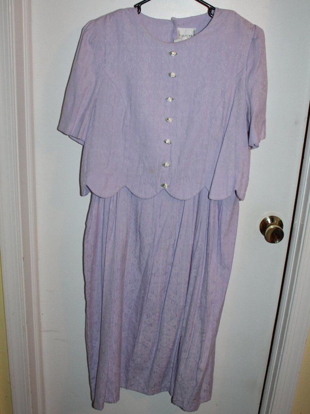 Purple midi shirtdress short sleeves and an attached embroidered vest overlay